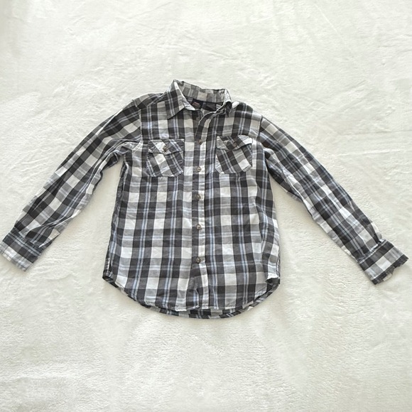 Wrangler Jeans Co Plaid Button Shirt Boys L 10/12 Western Gray Blue - Picture 2 of 8